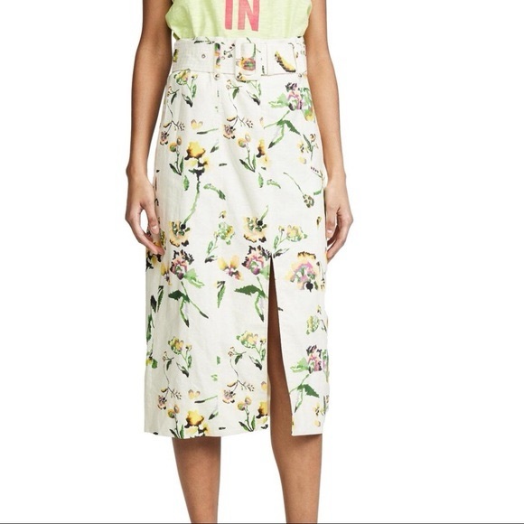 Tanya Taylor Floral Midi Skirt Size 10 Linen Blend Front Slit Belted Cream Ivory - Picture 7 of 8